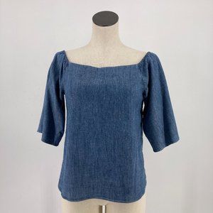Alice + Olivia Christy Off Shoulder Top Chambray Blue 3/4 Sleeve Size Medium